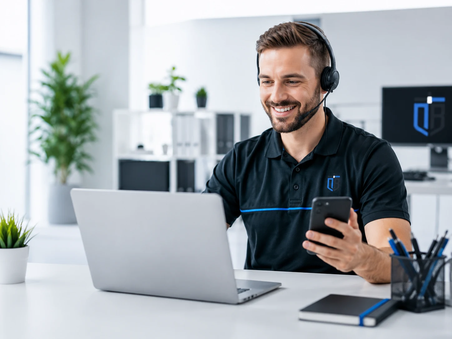 Profissional de suporte técnico atendendo pelo notebook e celular