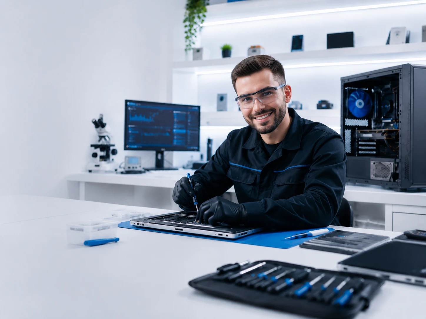 Técnico de informática realizando manutenção em notebook