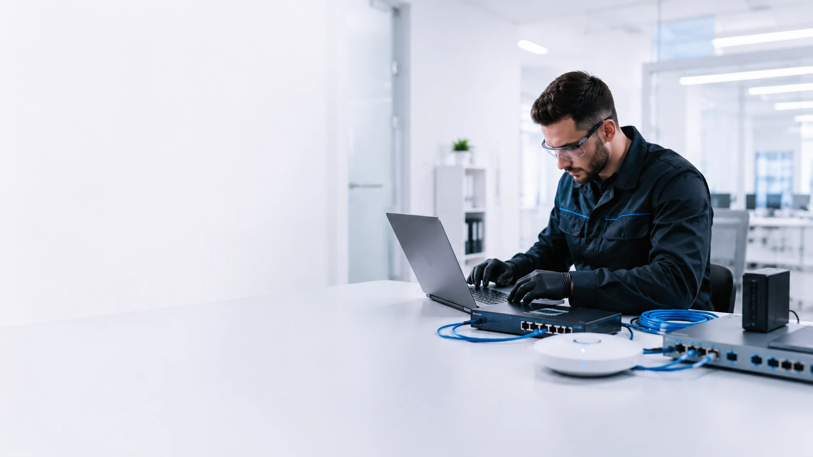 Técnico configurando notebook e equipamentos de rede em escritório claro